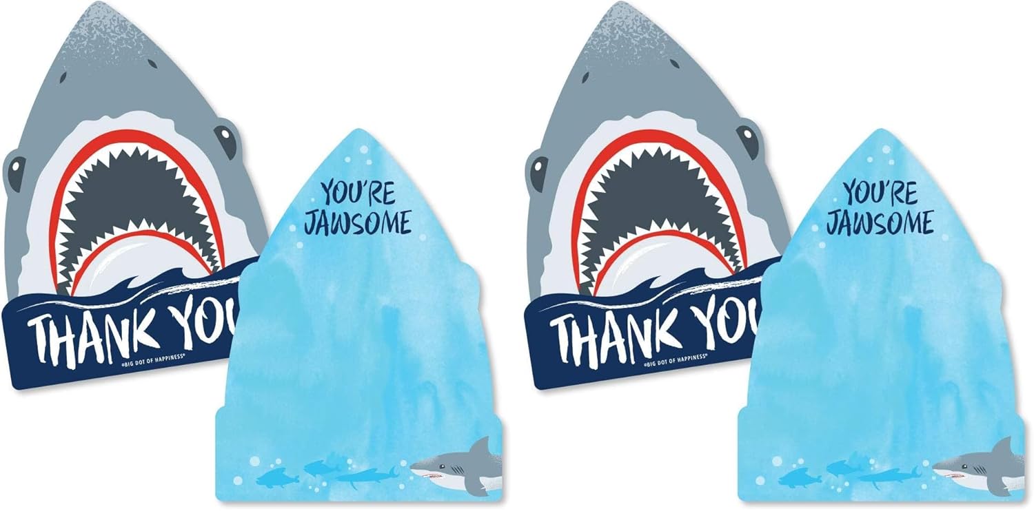 Big Dot of Happiness Shark Zone - Shaped Thank You Cards - Jawsome Shark Week Viewing Party or Birthday Party Thank You Note Cards with Envelopes - Set of 12 (Pack of 2)
