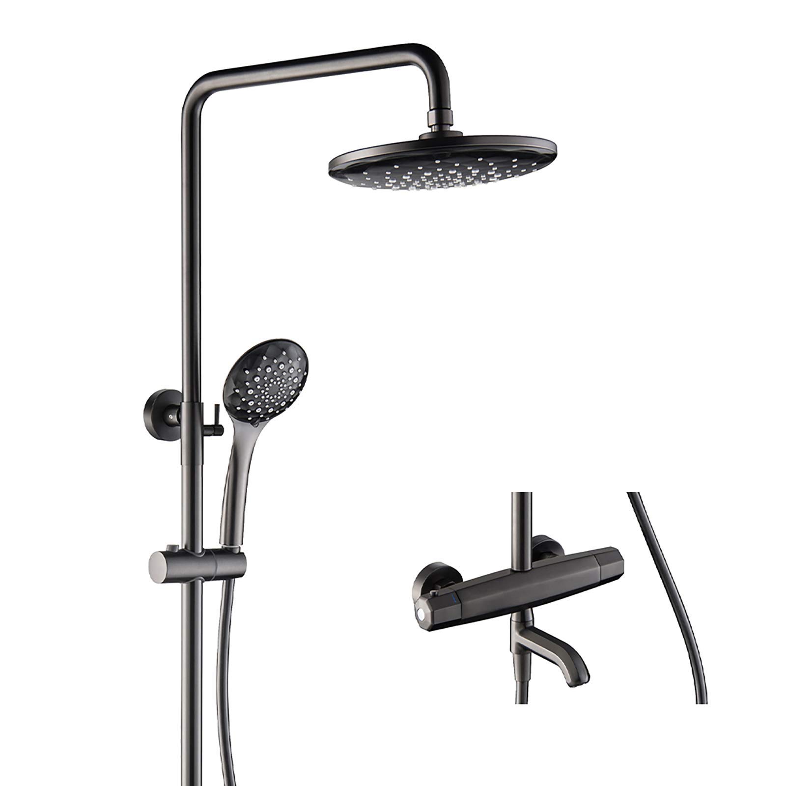 CWCQGH 8 Inches Thermostatic Shower Combo Set Wall Mounted Black Bathroom Shower Faucet Set with Rainfall Shower Head, Multifunction Handheld Shower, Bathtub Faucet