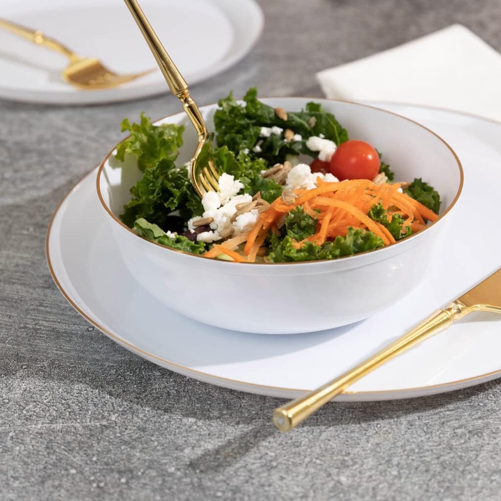 16 oz White/Gold Rim Edge Bowls - Disposable Round Catering and Party Bowls - Case of 120
