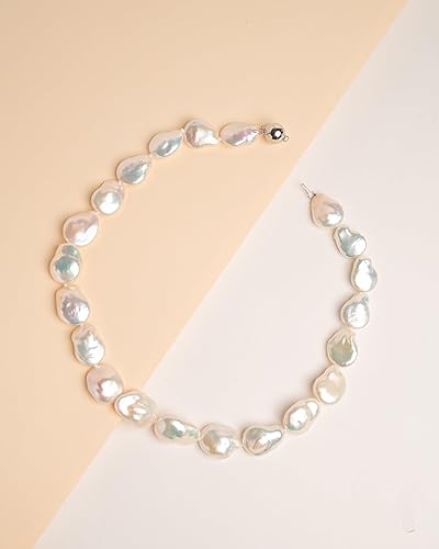 Vista 3 de Secret & You Collar de perlas cultivadas de agua dulce para mujer, forma de moneda barroca de 17.7 in de largo, grandes perlas barrocas