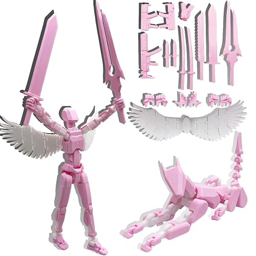 masijssa T13 3D Action Figures Set Titan 13 Action Figure Dummy 3D Printed Robo Multi-Jointed Movable Toy with Full Articulation for Collectors Desktop (Assembly Completed Pink White Figure + Dog)