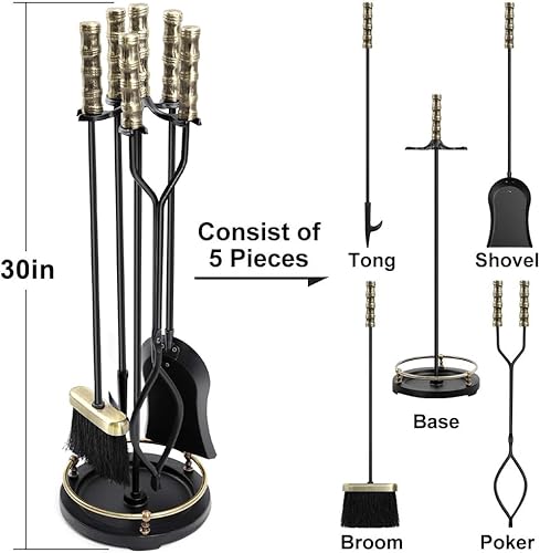 AMAGABELI GARDEN & HOME Conjunto de ferramentas de lareira de 76,2 cm, cabo de latão, 5 peças, ferro