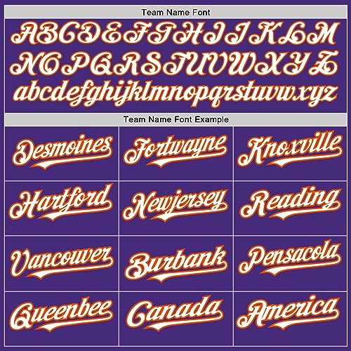 Camiseta de béisbol personalizada para hombres, mujeres, jóvenes y niños, color púrpura, blanco y naranja, con nombre, número y logo estampados y cosidos miniatura 3