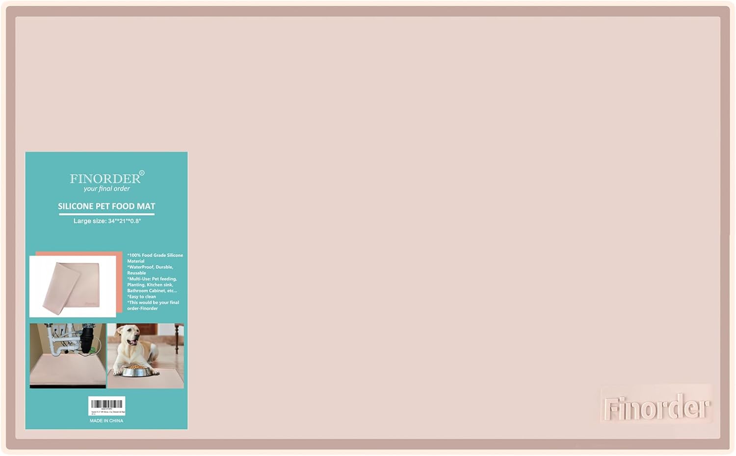 Finorder 34"x 21" 100% Silicone Pet Feeding Mat, Higher Raised Edges and Slip Resistant Pet Food and Water Bowl Mat, Waterproof Pet Food Placemat Silicone Tray, Dishwasher Safe (Beige)