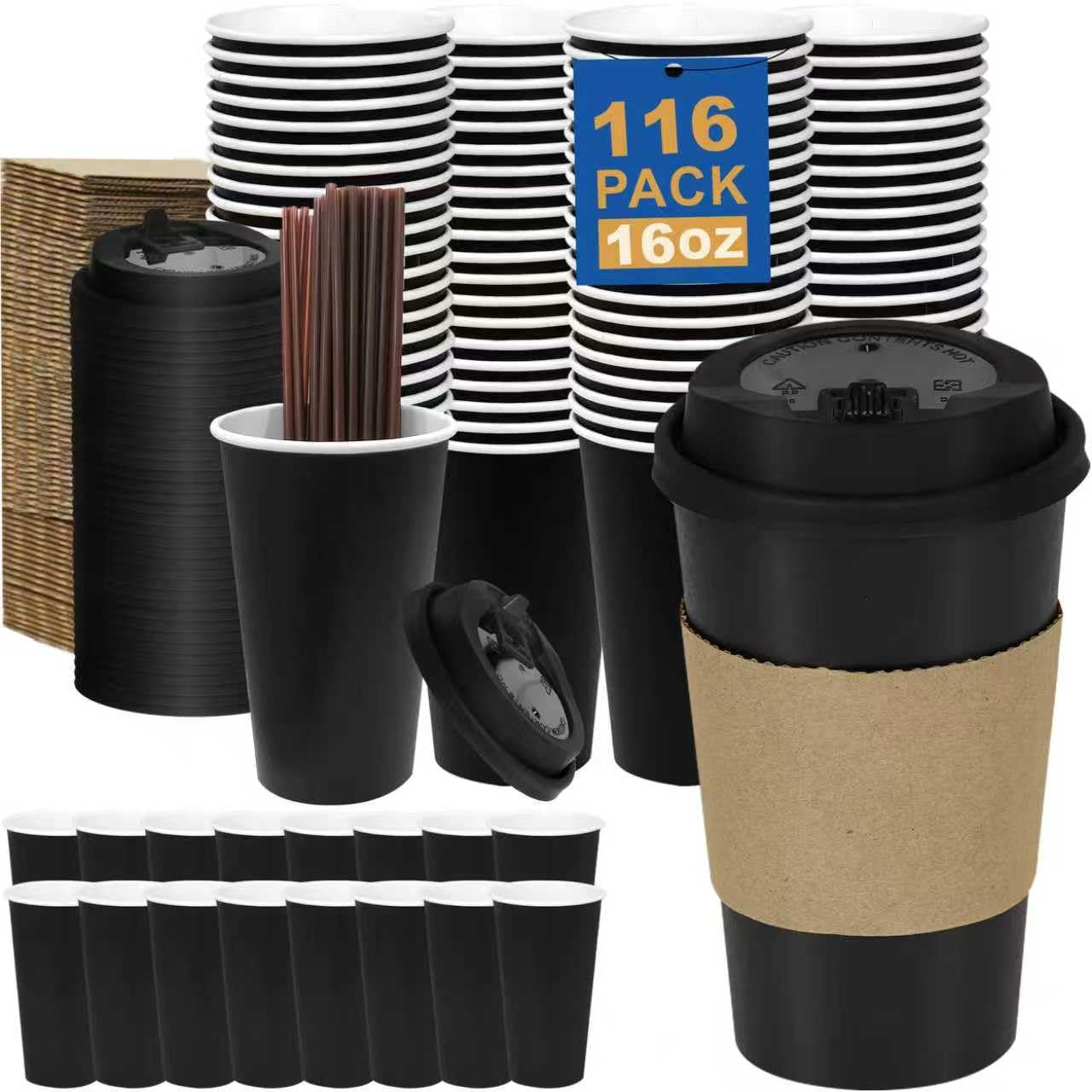16 oz Coffee Cups + 16 Extra Cups Bulk Disposable To-Go Paper Cups with Lids and Sleeves for Hot Beverage, Chocolate, Cocoa, Office Supplies, Coffee