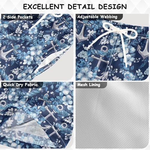 ALAZA Nautical Anchor Blue Flowers Boy’s Swim Trunk Quick Dry Beach Shorts Swimsuit Bathing Suit Swimwear2
