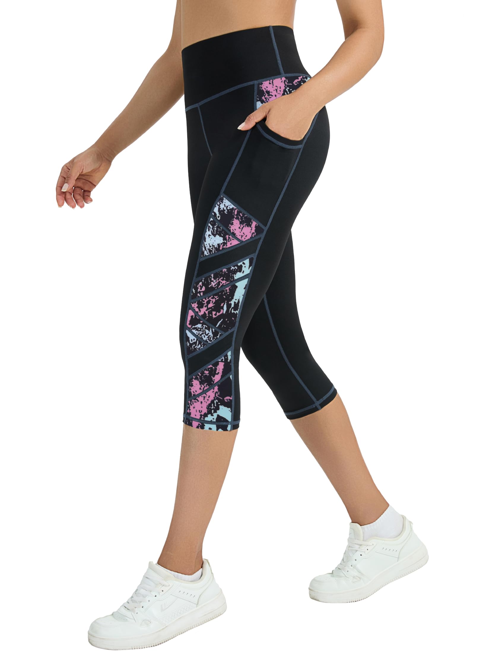 Pantalon de sport 3/4 pour femme - Avec poches - Opaque - Pantalon de fitness - Pantalon de course pour femme