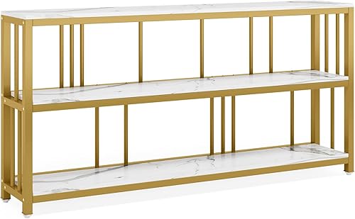 Tribesigns Mesa de consola de 7089 pulgadas mesa de sofá larga de mármol sintético mesa de entrada dorada de 3 niveles mesa de pasillo blanca