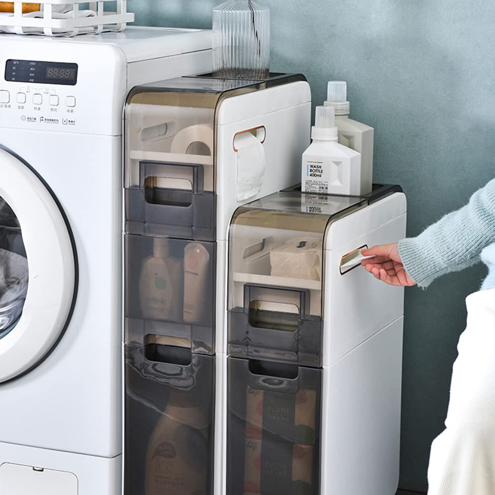 Installation-Free Slim Bathroom Cabinet: Waterproof Design, Standing Storage with Slide-Out Drawers, Narrow Floor Organizer for Toilet Area, Toilet Paper Holder (3-Tier)