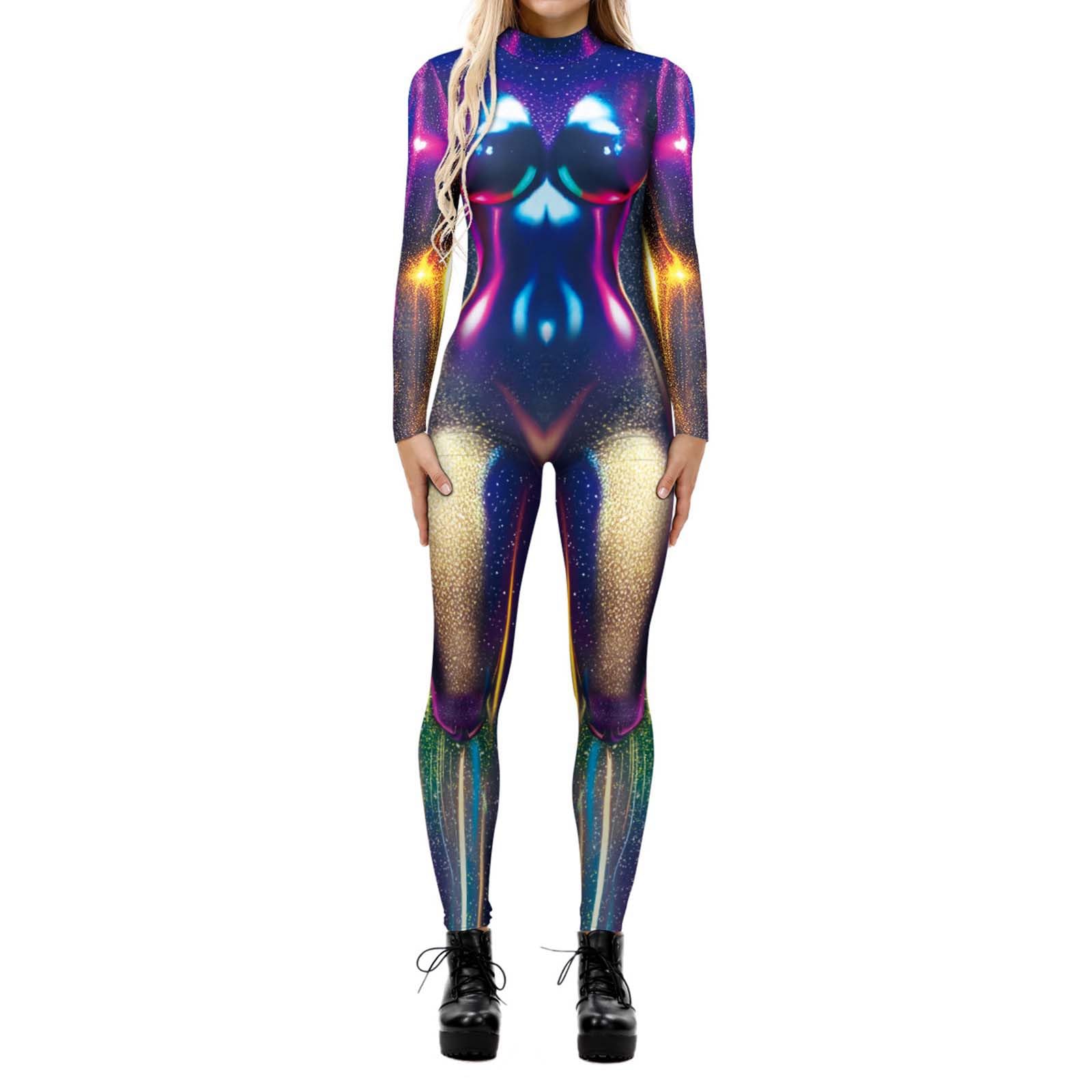 Women's Animal Octopus Halloween Costume Jumpsuit, Adults 3D Print Octopus Skinny Catsuit Long Sleeve Snake Cosplay Bodysuit Unitard Comfy Purple