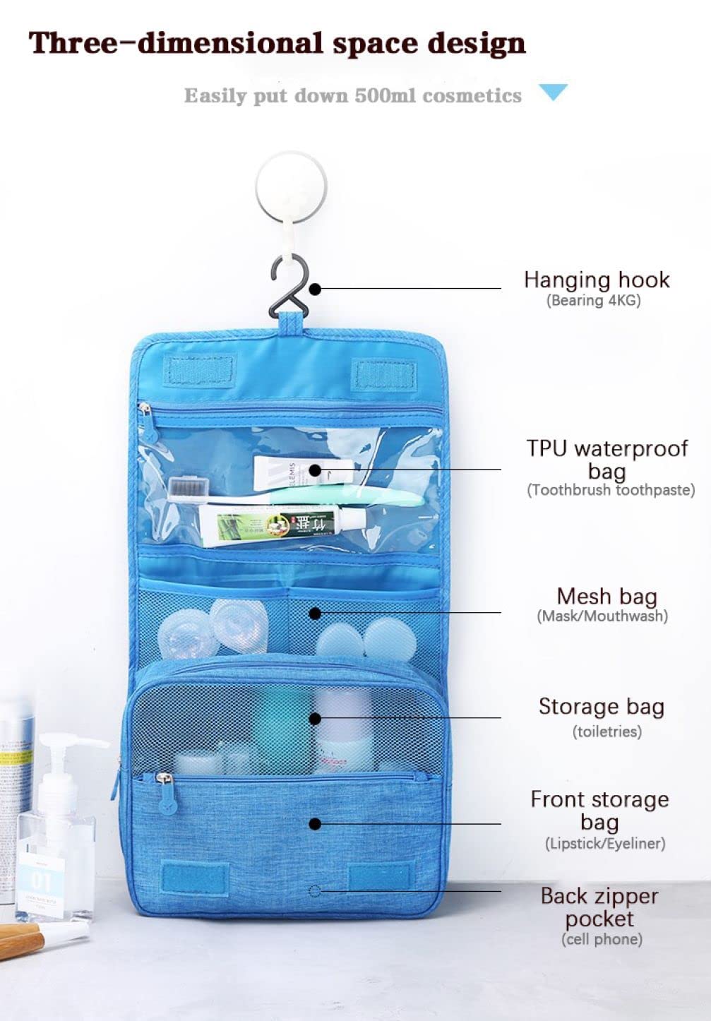 Beauty Case da Viaggio,Borsa da toilette da viaggio sospesa,Multi-compartimenti per Organizzare Oggetti Personali,Gancio in Metallo per Appendere (viola scuro)