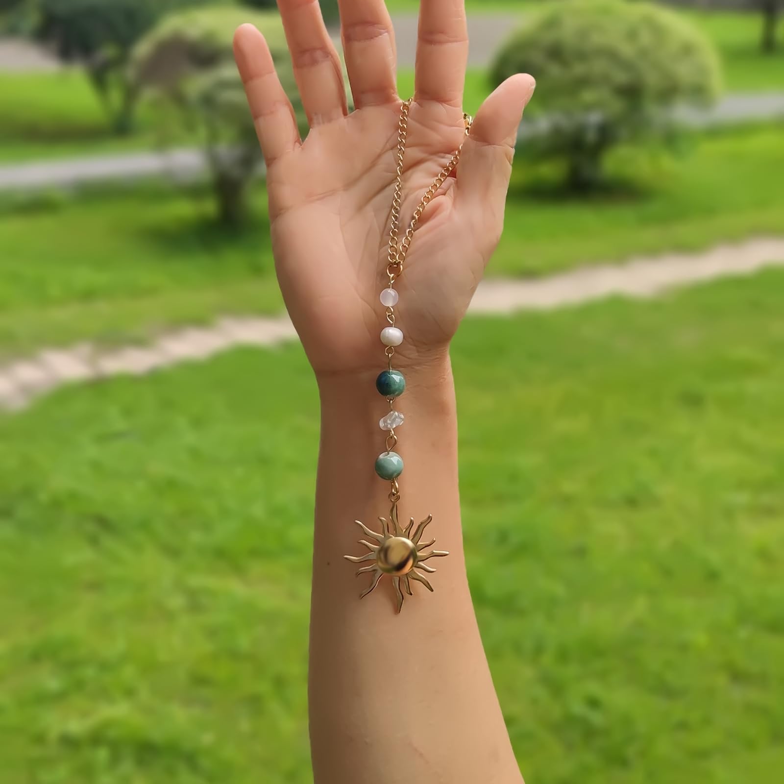 Sun Handmade Car Charm, Sun Hanging Rear View Mirror Accessories, Cute Car Hanging Ornament Boho Car Rear View Mirror Decor Accessories for Women (Gold)