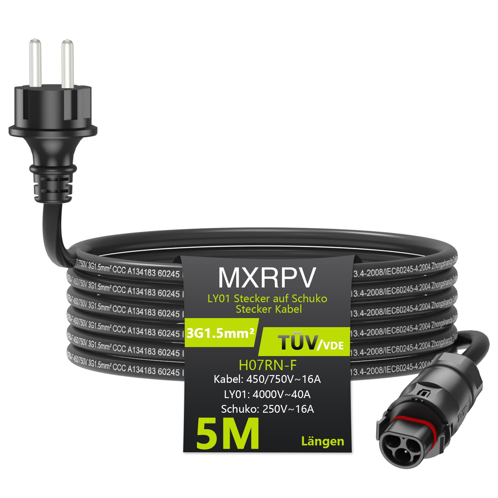 LY01 Kabel 2/3/5/10M,LY01 zu Schuko Adapter Kabel,LY-01 Buchse auf Schuko Stecker AC Anschlusskabel,Solar PV Steckdose für die Deye Mikrowechselrichter SUN-Serie (5 meter)