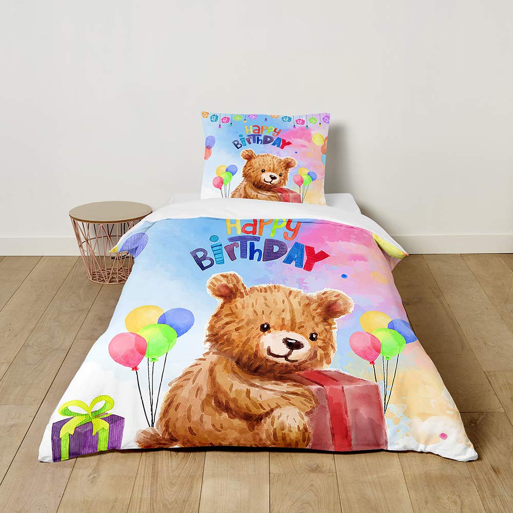 FANSU Kids Boys Girls Duvet Cover 2 Piece Bedding Set, Super cute plush Bear Printing Children Quilt Cover & Pillow Set for Nursery Toddler Cot Single Size Bed (Happy Birthday,100x135cm+40x60cm)