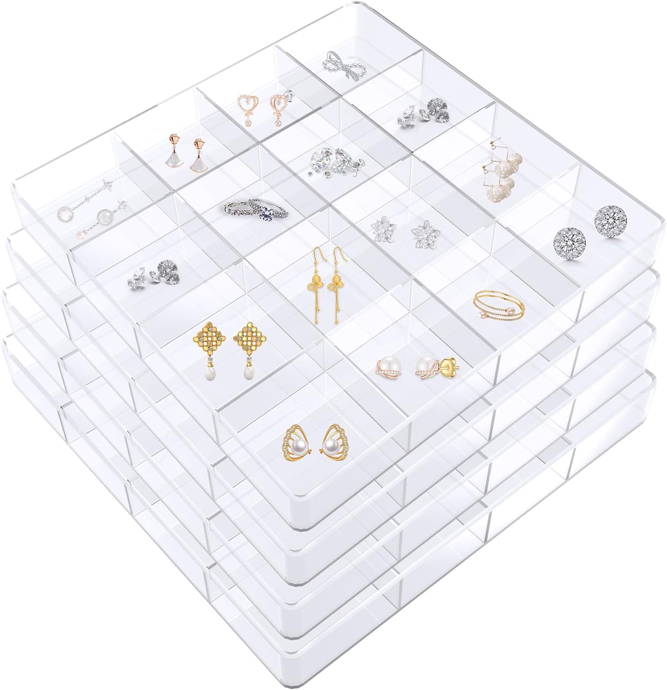 4 PCS Stackable Jewelry Organizer Tray, Plastic Storage Box 16 Grid (1.57''), Clear Organizer Tray for Drawer Dresser Vanity Desk, Jewelry Storage Box for Necklaces Bracelets Bangles Rings Earrings