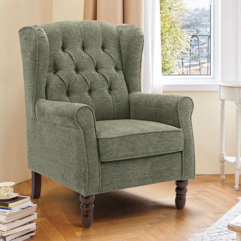 Comfinia Selbi Button-Tufted Small Wingback Accent Chair with Rolled Arms & Thick Padded Cushion (Sage Green)