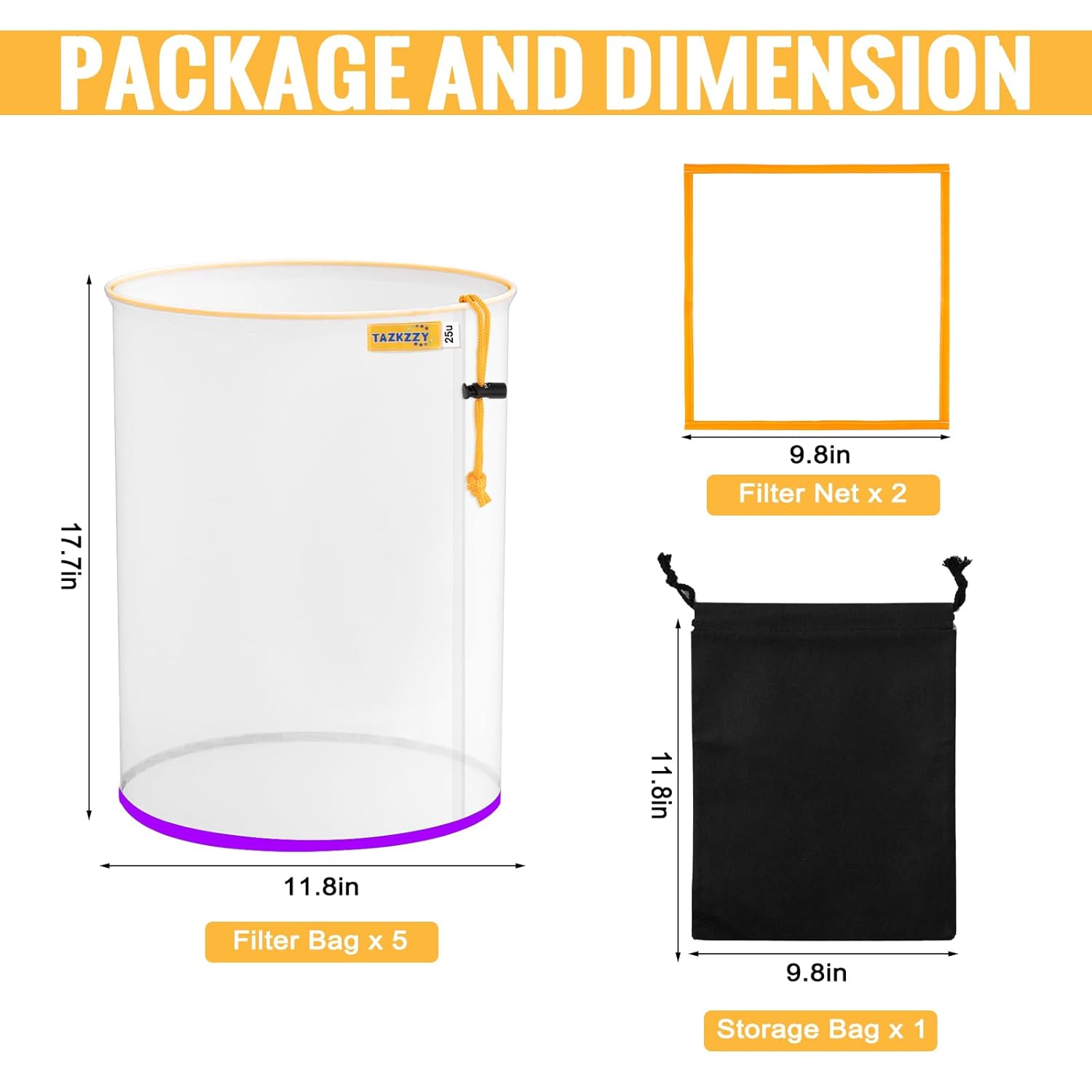 5-Pack 5 Gallon All-Mesh Filter Bags - 25/73/120/160/220 Micron Reusable Nylon Strainer Bags with 2Pcs Pressing Screens, for 5 Gallon Bucket, for Hydroponic Vegetables, Yerba Mate Tea Filtration