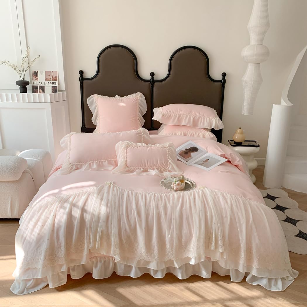 Amazon.com: IHOUSTRIY Lace Duvet Cover Queen Size, Chiffon Ruffled