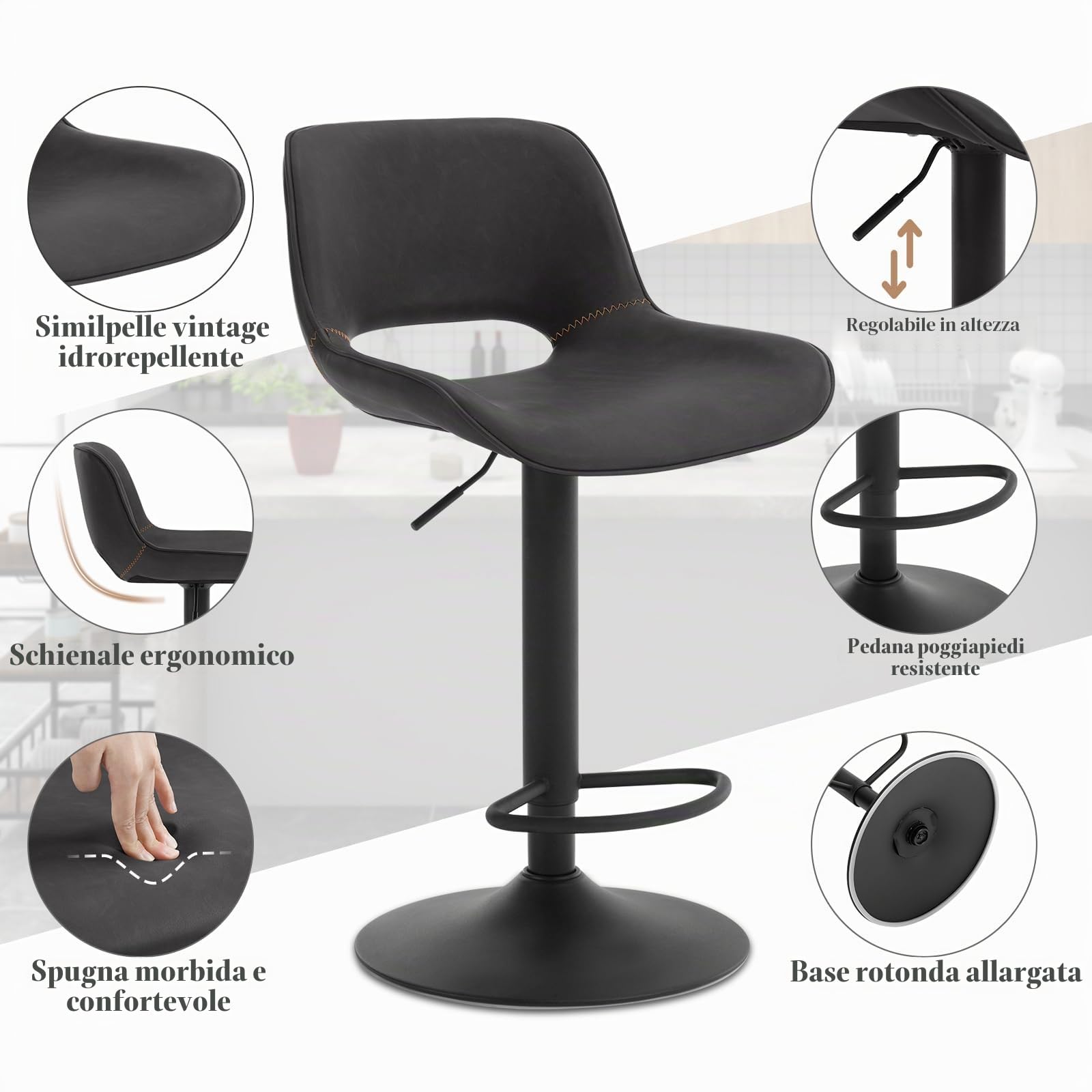 WOLTU Sgabello da Cucina, Sedia da Bar in PU Antracite