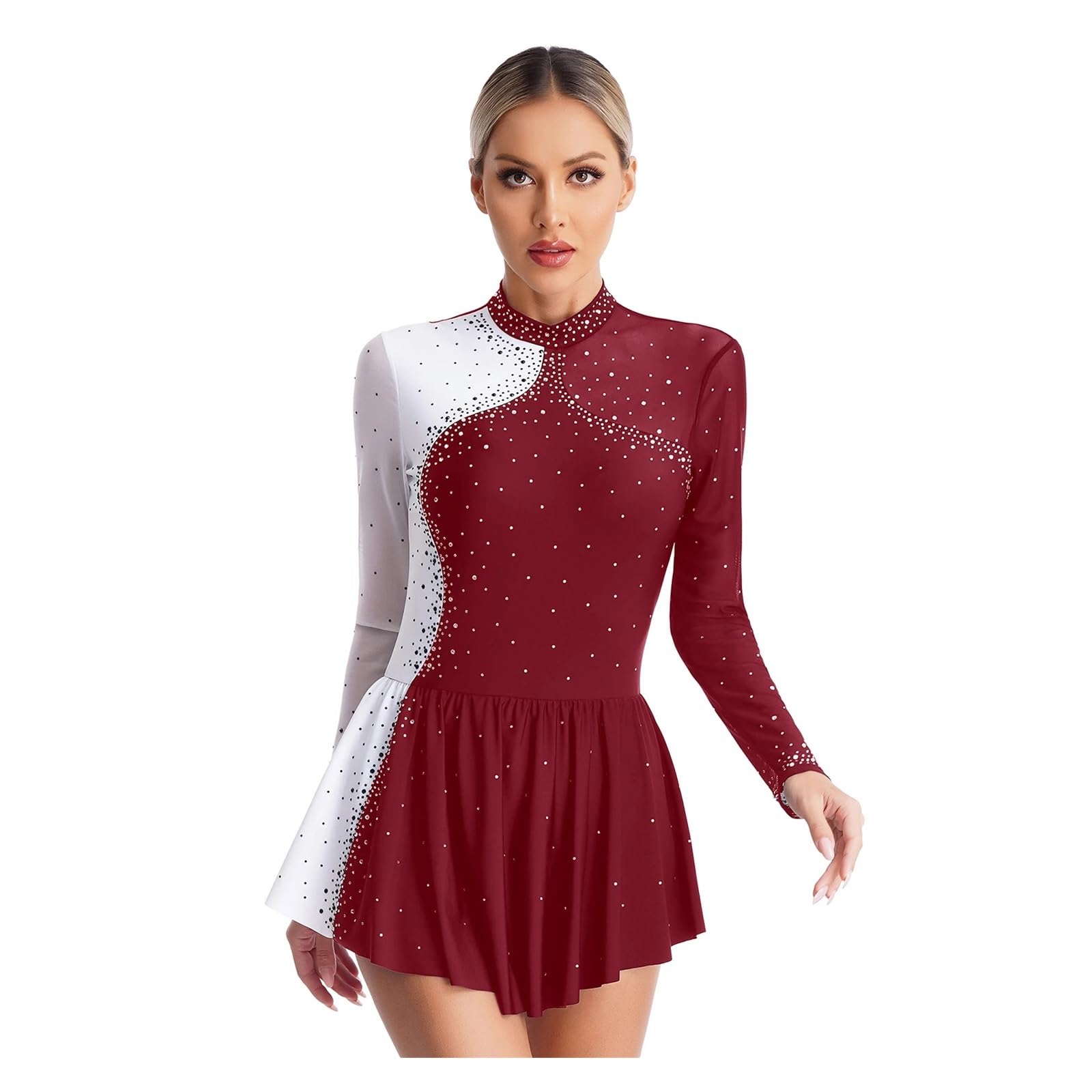 Eiskunstlauf-Kleid Damen Ballettkleid mit Strasssteinen, transparentem Netzstoff, for Eiskunstlauf, Gymnastik, Trikot, Kleid, Langarm Fur Eiskunstlauf(Black,L)