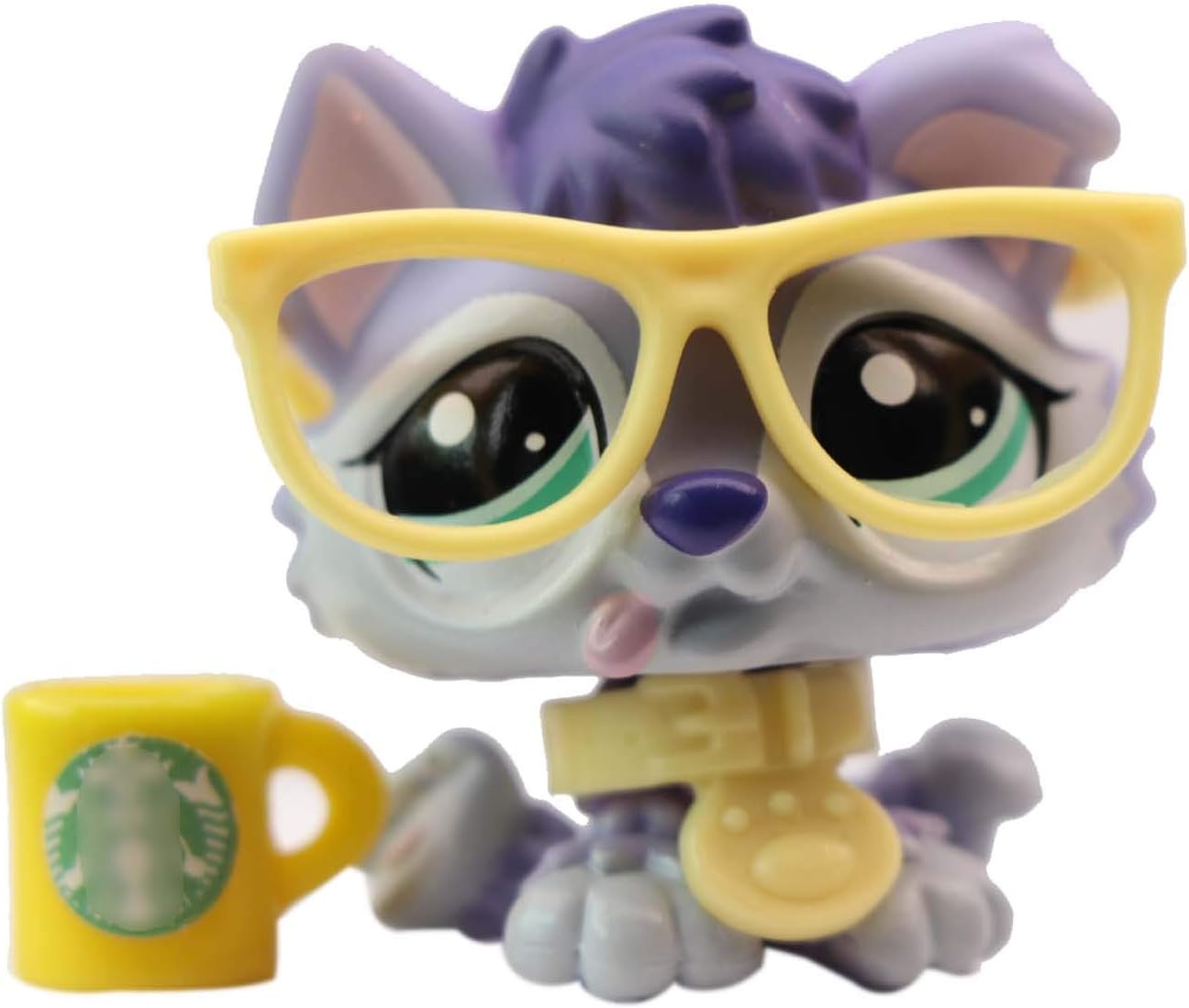 Pet LPS Husky 1018 Figure Purple Blue Eyes Puppy with Accessories Lot Glasses Collar Drink for Gifts Prime