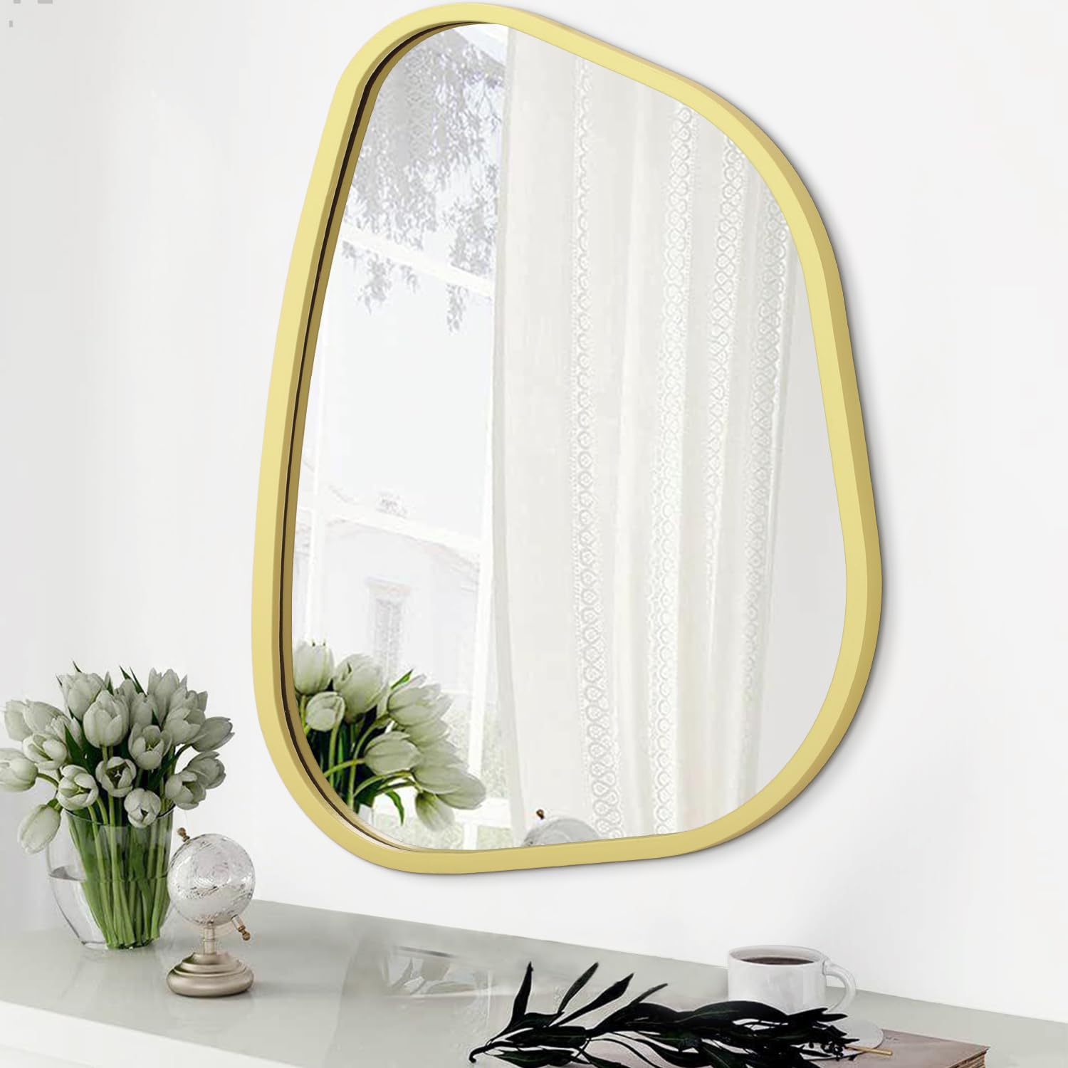 HLFMVWE Espejo de pared con marco de madera irregular, moderno, asimétrico, único, espejo colgante artístico bohemio, decoración de baño, tocador, dormitorio, sala de estar, entrada, pasillo, pequeño,