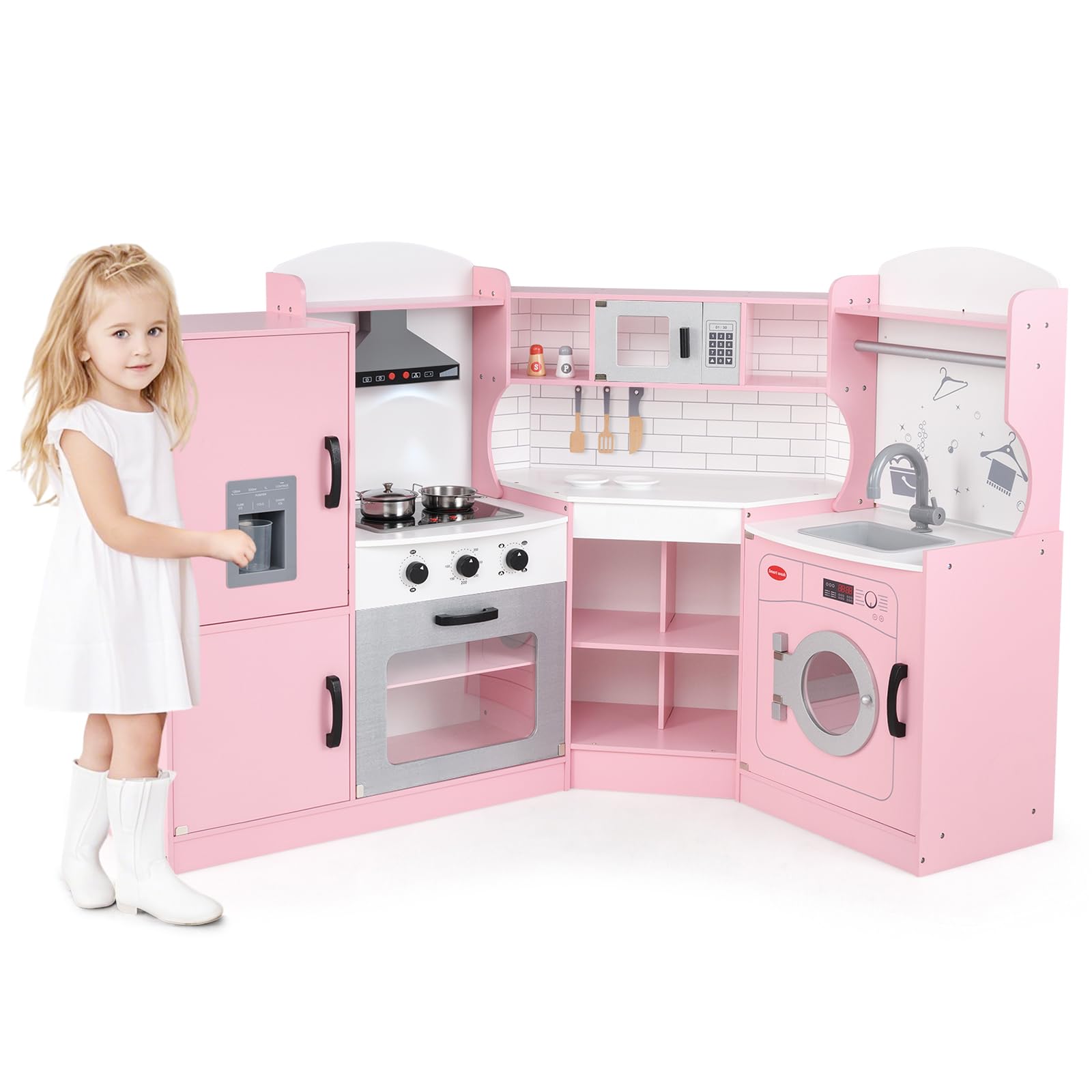 GLACER Play Kitchen, Corner Toy Kitchen w/Sound & Light, Washing Machine, Water Dispenser, Cabinet, Oven, Sink, Cooking Accessories, Wooden Kids Kitchen Playset, Gift for Boys & Girls Age 3+ (Pink)