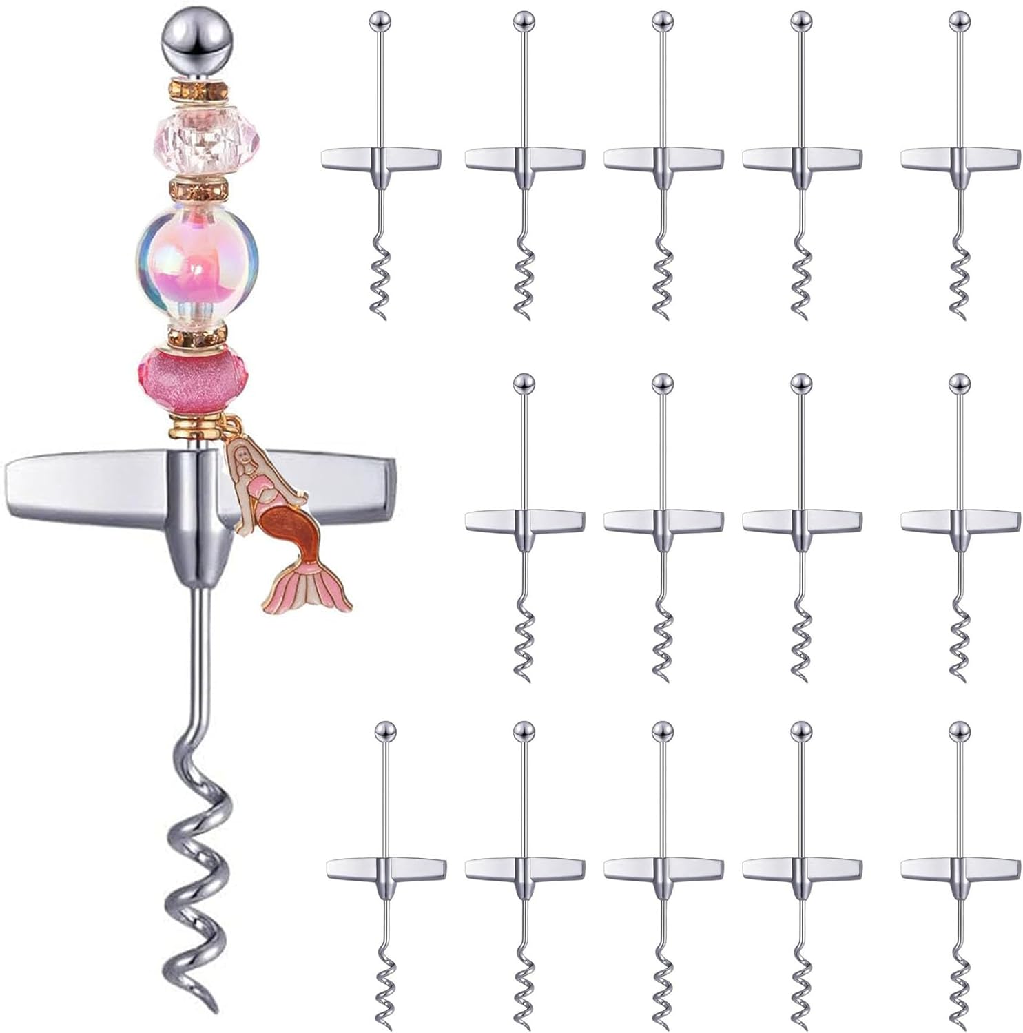 16 Pack Beadable Corkscrew Wine Bottle Opener with Blank Handle for Beads Pandents Charms DIY Travel Wine Cork Remover for Bar Restaurant Kitchen