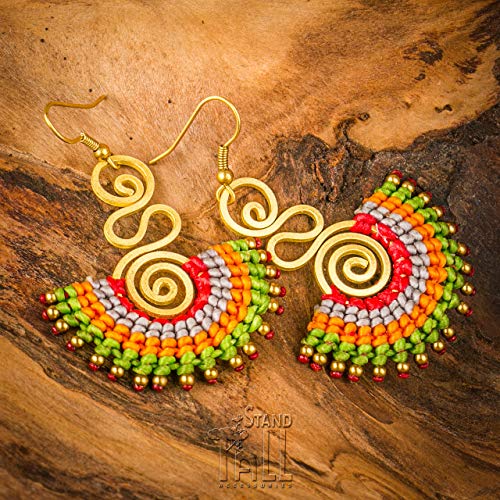 Boho Dangling Earrings For Women And Teen Girls - Handmade Cute Jewelry For A Trendy Or Hippie Look, Mexican Fun Earrings For Green, Blue, Black Or Red Outfits, Gold Earrings, Gift #TOP4