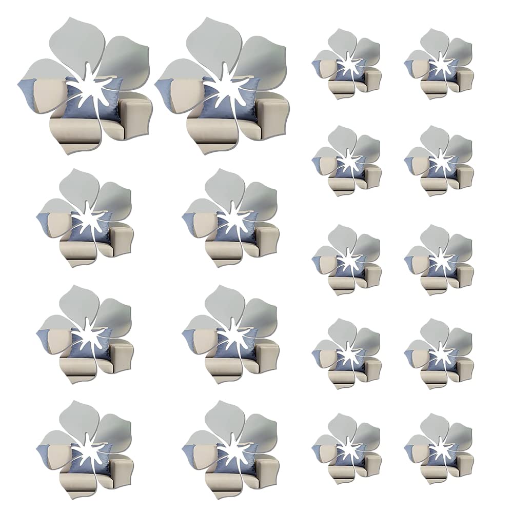 UDERJUNIU 18 Pcs Flower Mirror Wall Sticker Acrylic Flower Mirror Wall Decoration Silver 3D Mirror Wall Decals for Home Living Room Bedroom
