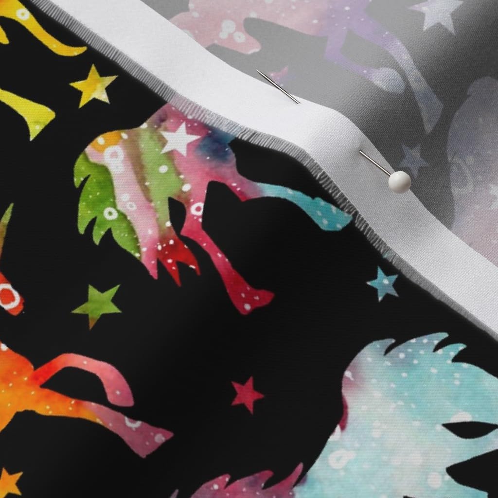 Spoonflower Fabric - Rainbow Galaxy Unicorns Black Rotated Space Printed on Organic Cotton Sateen Fabric by The Yard - Sewing Quilting Apparel Home Decor