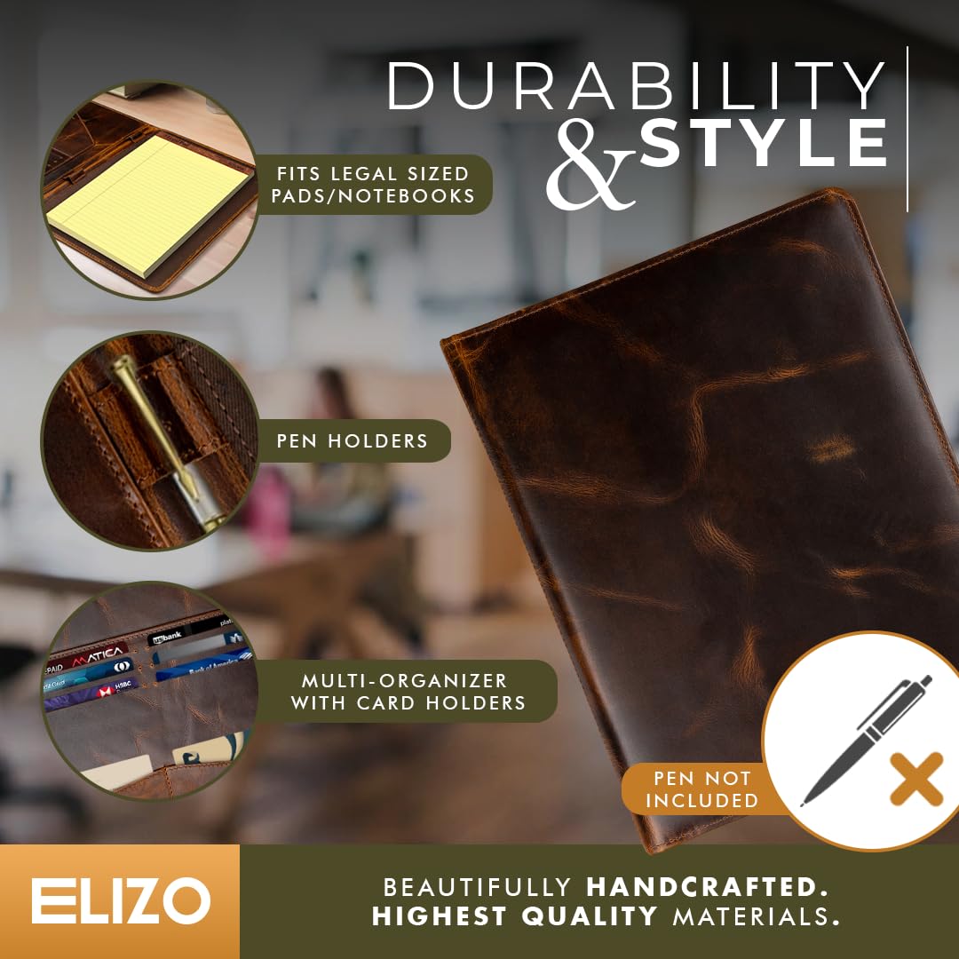 ELIZO Leather Portfolio Folio For Men & Women - Holds Legal Pad, Notebook, IPad, Business Cards