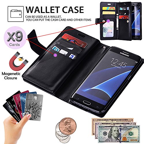 Auker Galaxy S7 Edge Wallet Case For Women/Men, Premium Folio Flip Leather Trifold 9 Card Holder Kickstand Magnet Zipper Pocket Wallet Purse Case With Wrist Strap For Samsung Galaxy S7 Edge Black #TOP2
