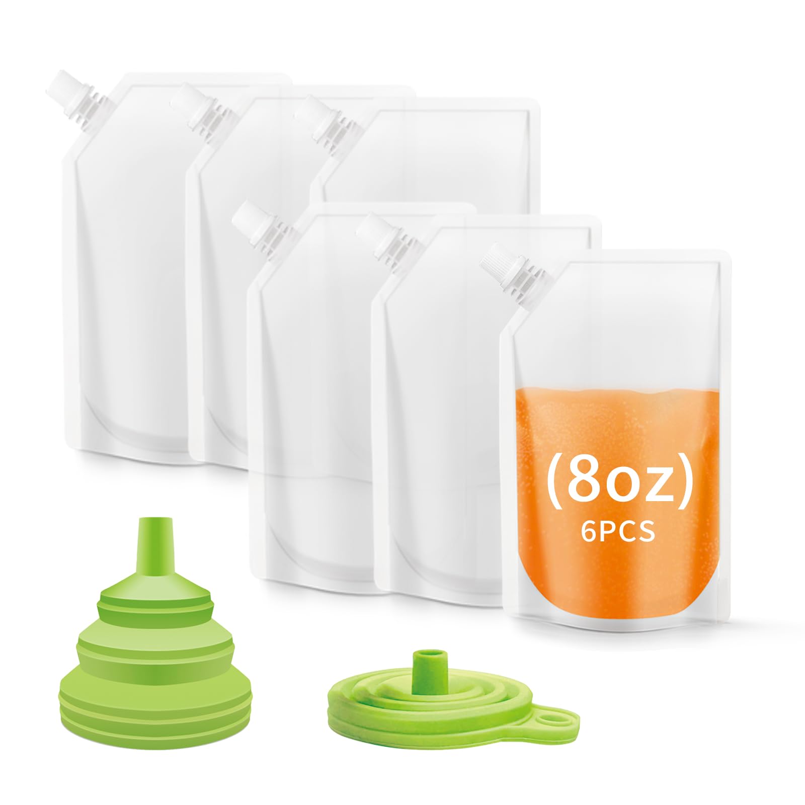 Disposable Food Grade Plastic Flask for Hot and Cold Liquor, Drink Pouches for Adults and Kids (8OZ-6PCS)