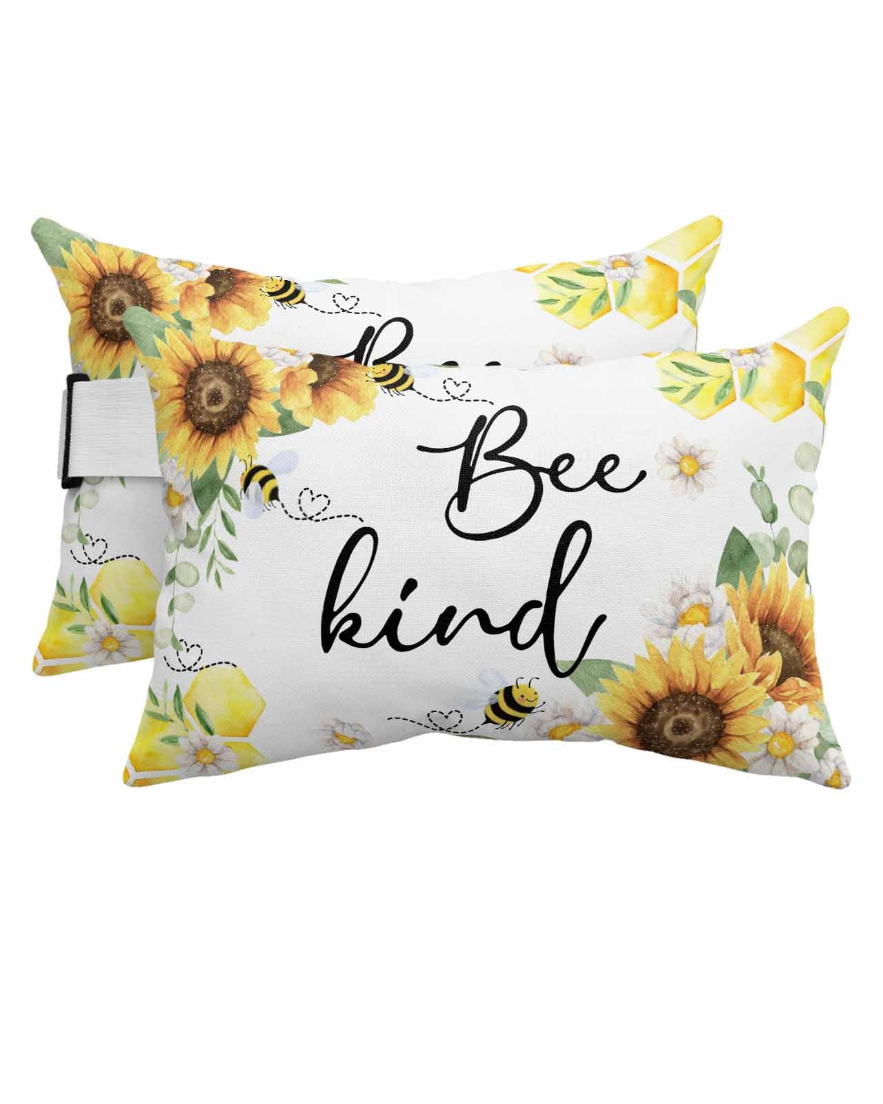 Anzona Pack of 2 Sunflower Lumbar Pillow Covers, Outdoor Waterproof Throw Pillow Covers Set, Watercolor Spring Floral Summer Botanical Bee Decorative Cushion Case for Patio Beach, 11x16 Inch