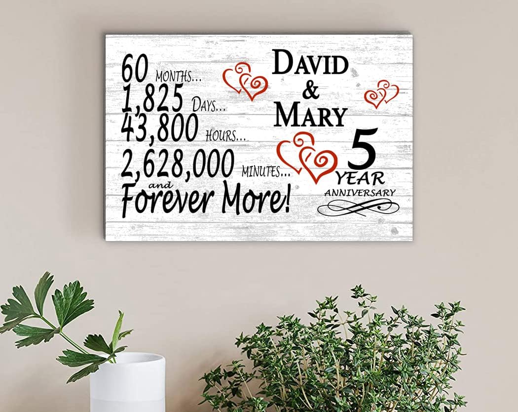 Personalized 5 Year Anniversary Sign Gift 5th Wedding Anniversary Present For Couple Days Minutes Years - Solid Wood - 16.5in x 10.5in x .75in (05 Year)