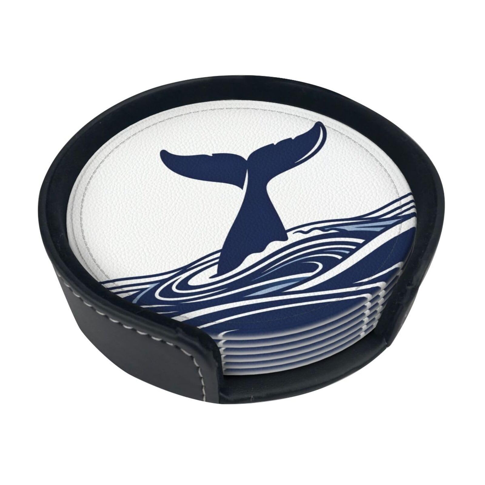 Cntdbu White Whale Tail Wave Leather Coasters Set Of 6-Pu Leather Drink Mats For Table, Heat Resistant Round Coasters With Holder