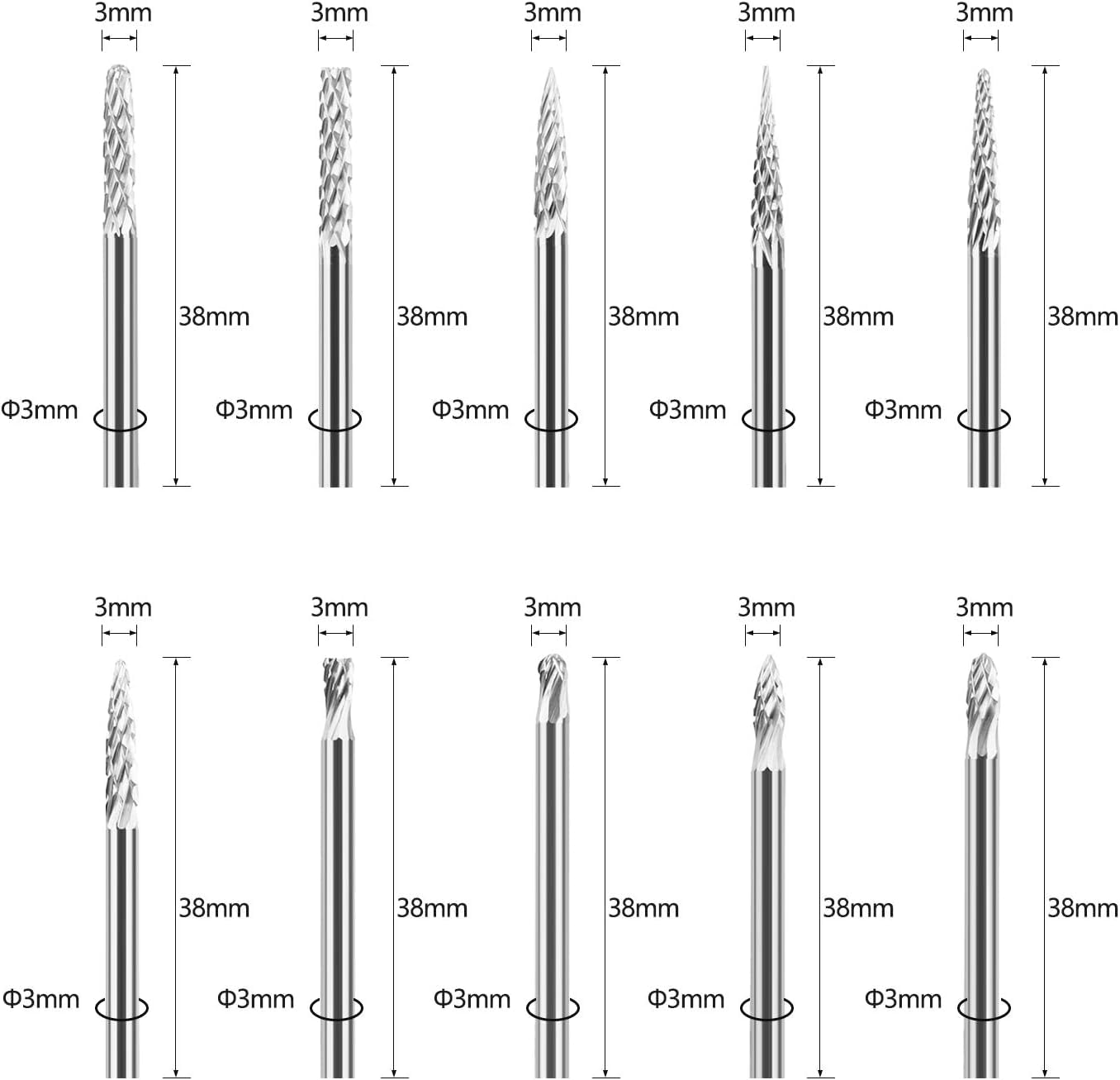 Frez obrotowy SPTA 20 szt., frez z węglika wolframu, stal obrotowa, diamentowe, narzędzie obrotowe z prętem 1/8 cala (3 mm), do samodzielnego wykonania stolarki, rzeźbienia, grawerowania, wiercenia w