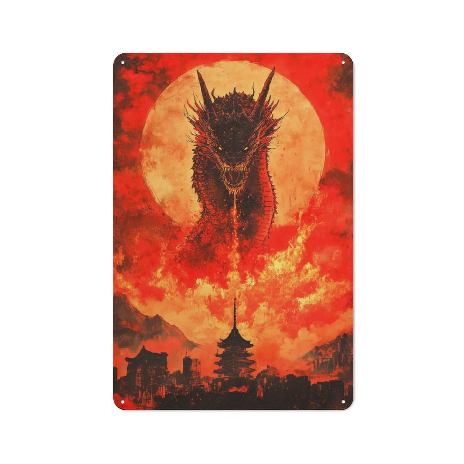 Country Country Metal Sign 30x20cm Featuring Dragon Over Cityscape, Rustic Kitchen Decor for Cottage, Kitchen, Hallway Or Breakfast Nook