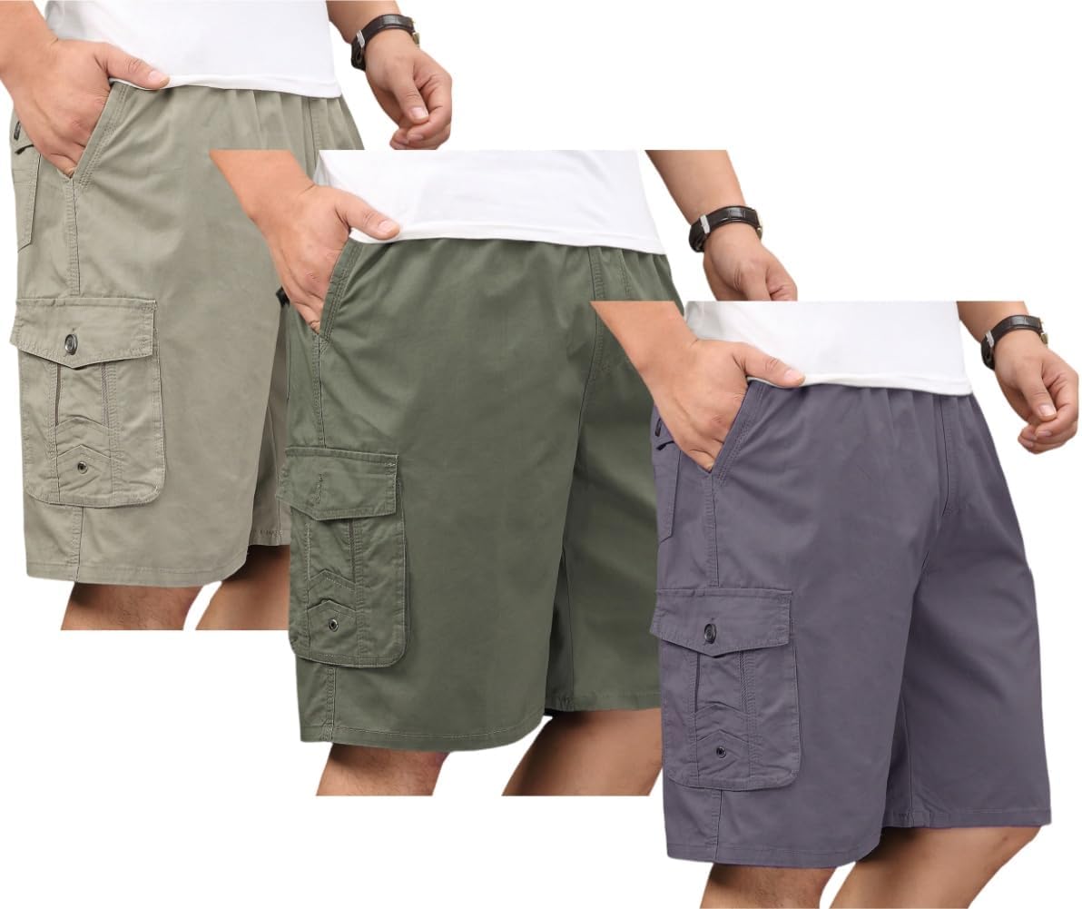 Men's Casual Twill Cargo Shorts Zip Fly Cotton Elastic Waist Loose Fit Drawstring Short
