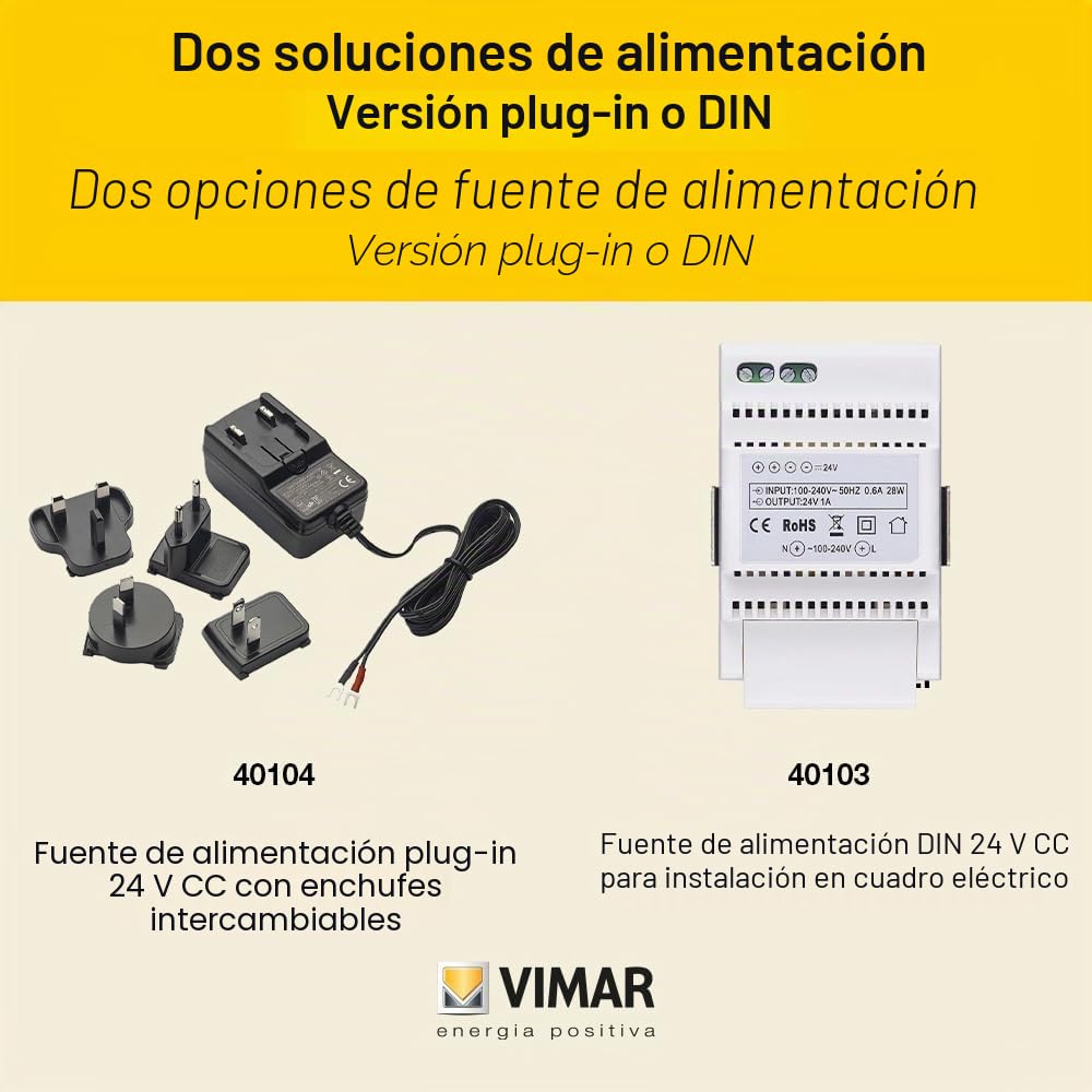 Vimar K42945 Kit de videoportero smart con videoportero Wi-Fi con pantalla táctil, placa audio/vídeo, alimentador con clavijas intercambiables estándar EU, BS, US, AU, soportes para montaje