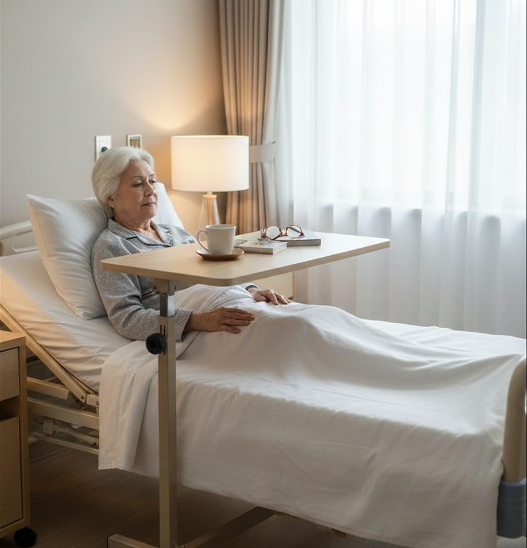 Ausilium Tavolino Servipranzo Regolabile in Altezza per Letto e Divano - Tavolo Ortopedico in Legno con Ruote Piroettanti e Struttura in Acciaio - Ideale per Anziani e Disabili
