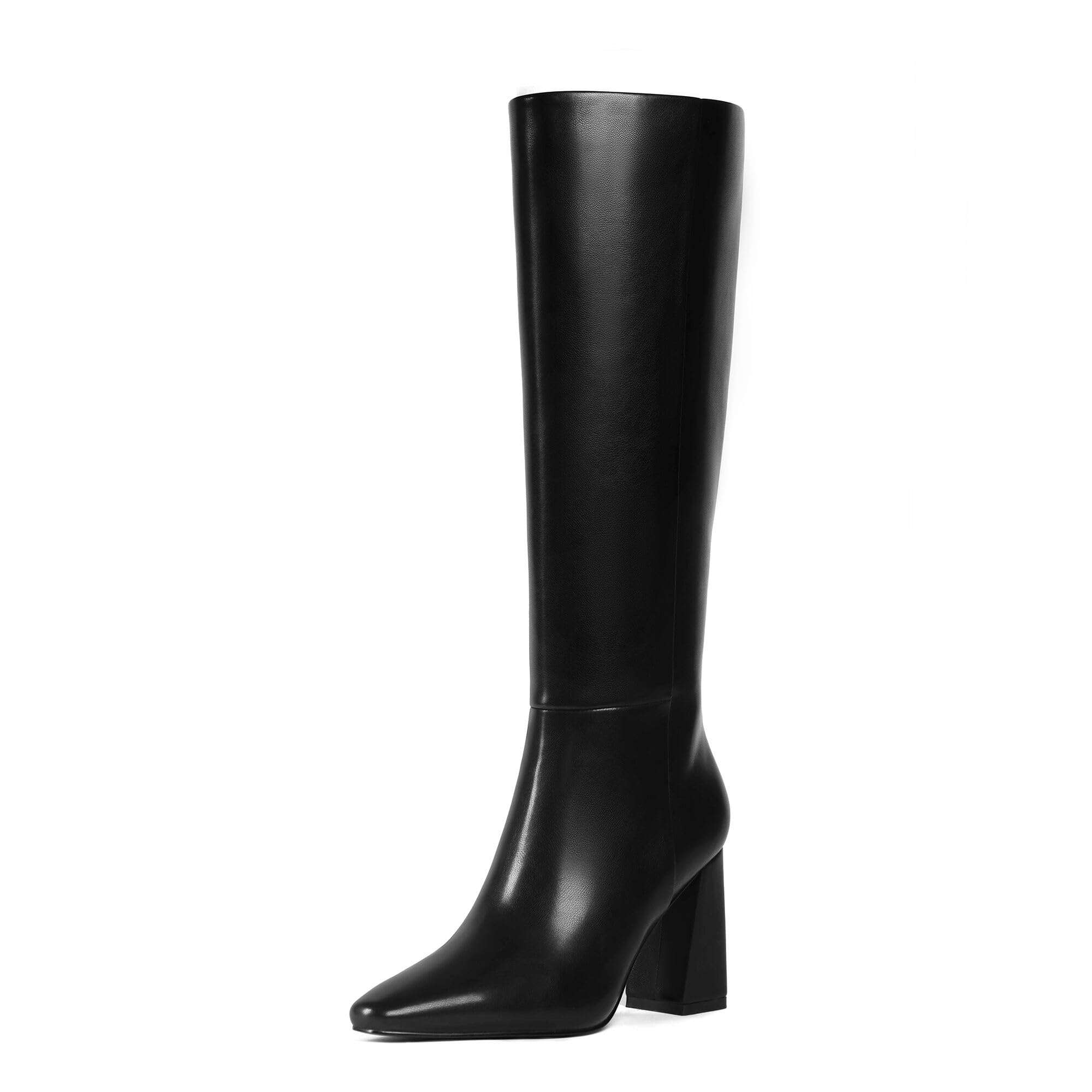 Meolee Knee High Boots for Women Square Toe Chunky High Heel Tall Boots Fashion Long Boots with Side