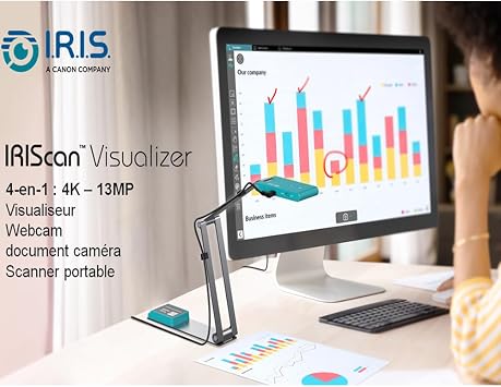 IRIScan Visualizer 7 Document Camera Grey with 13MP 4K Ultra HD A3 Scanner for Teaching and Video Conferencing with AI Microphone LED and USB for Win & Mac Includes Readiris PDF