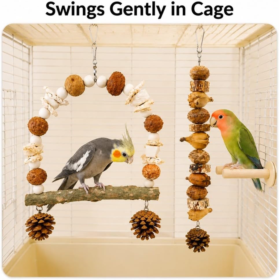 2 Pack Natural Bird Toys for Parakeets, Bird Chew Toys with Wooden Perch HangingToy, Natural Wood Beads, Pine Cone, Corn Husk, Cuttlebone and Fruit Materials for Budgies, Cockatiels and Small Parrots