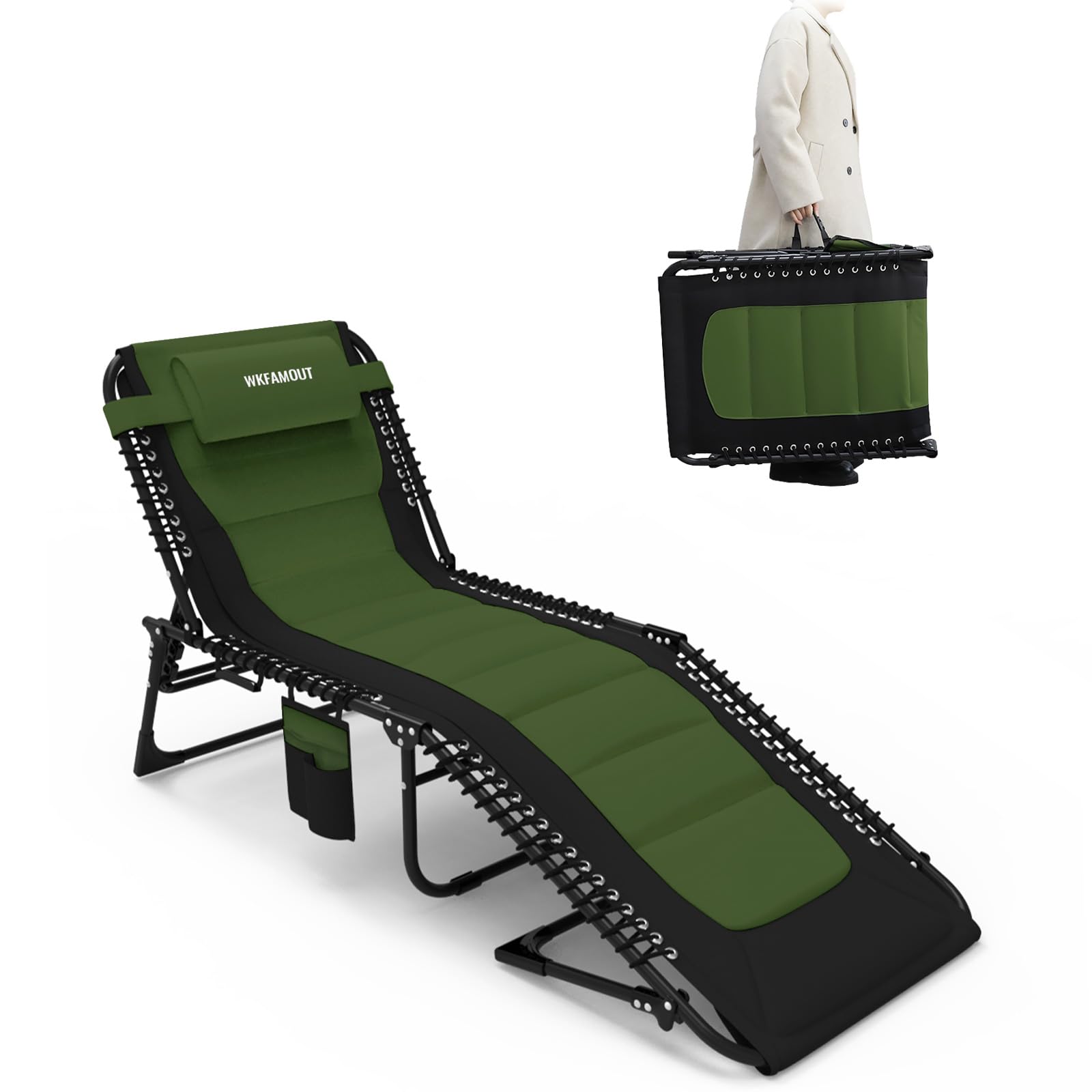WKFAMOUT Übergroß Sonnenliege Klappbar Gartenliege 5 Verstellbarer Rückenlehne Outdoor Faltbar XXL Dreibeinliege Strandliege Campingbett bis 150KG mit Kissen Seitentasche 200x68CM