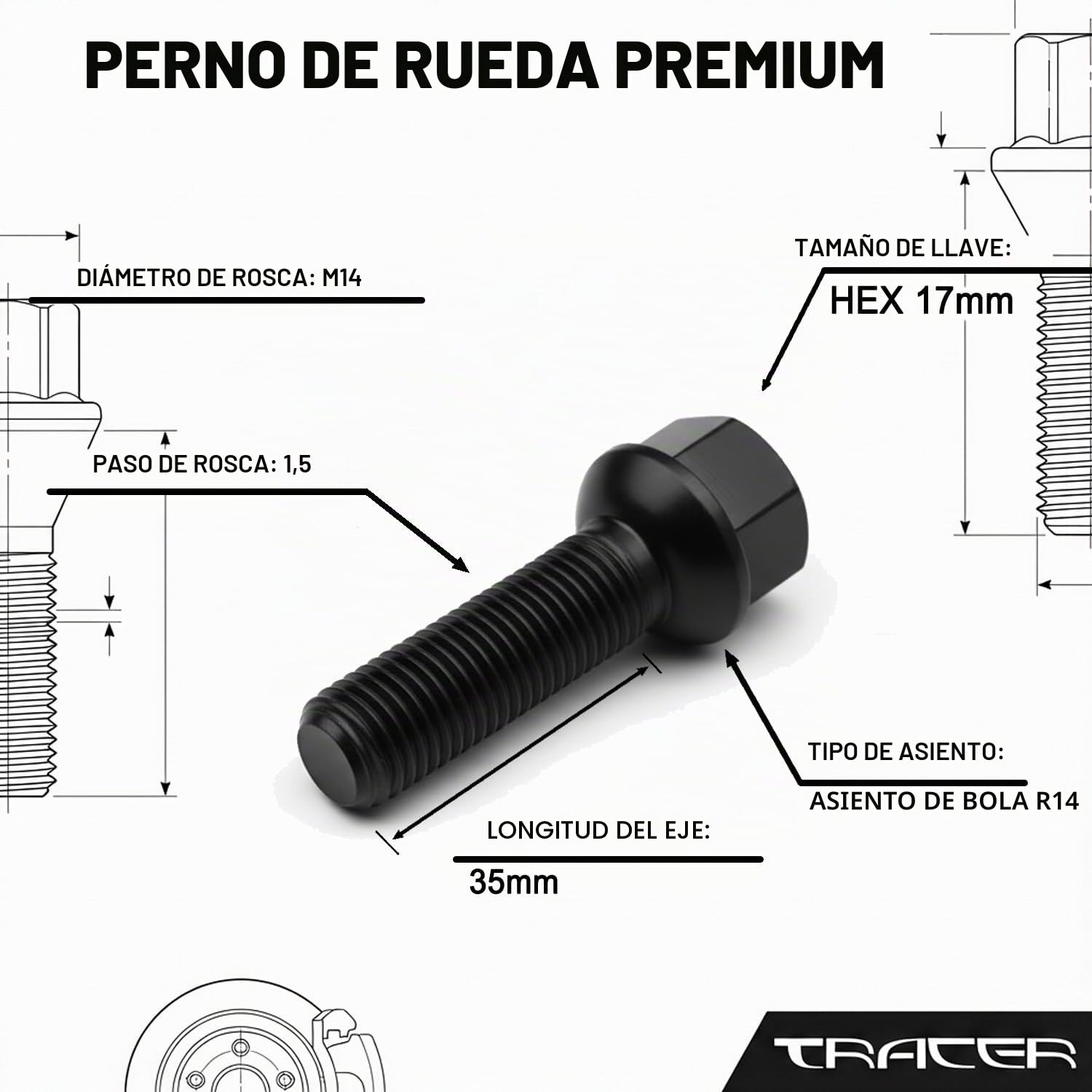 TRACER 20 Pernos de rueda negros Pernos de rueda Cinturilla de bola de perno M14x1,5 35mm R14 compatible con VW, Porsche