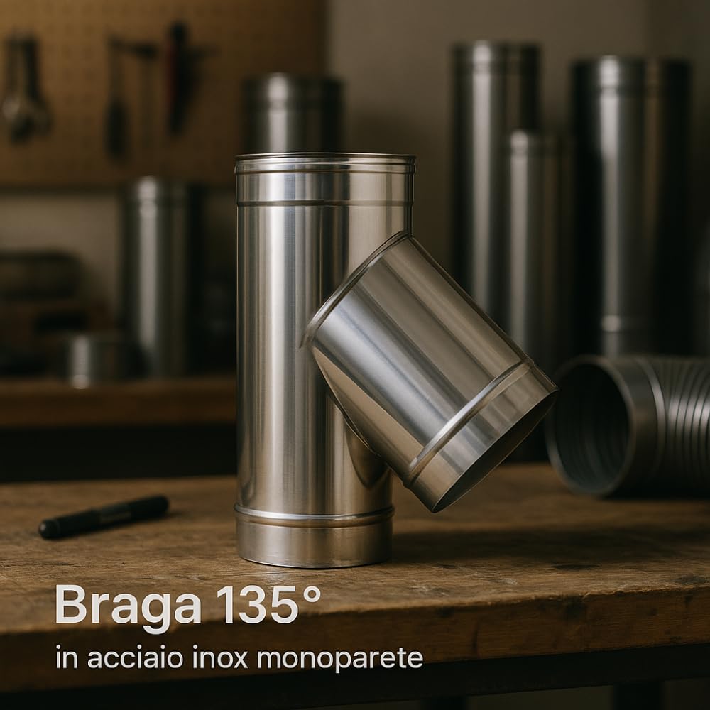 FORTUNATO Raccordo Braga 135°, in Acciaio Inox 0,5 mm, Mono Parete per Canne Fumarie, Flusso Ottimale dei Fumi, Diametri 150-180 mm (Ø 150 mm)