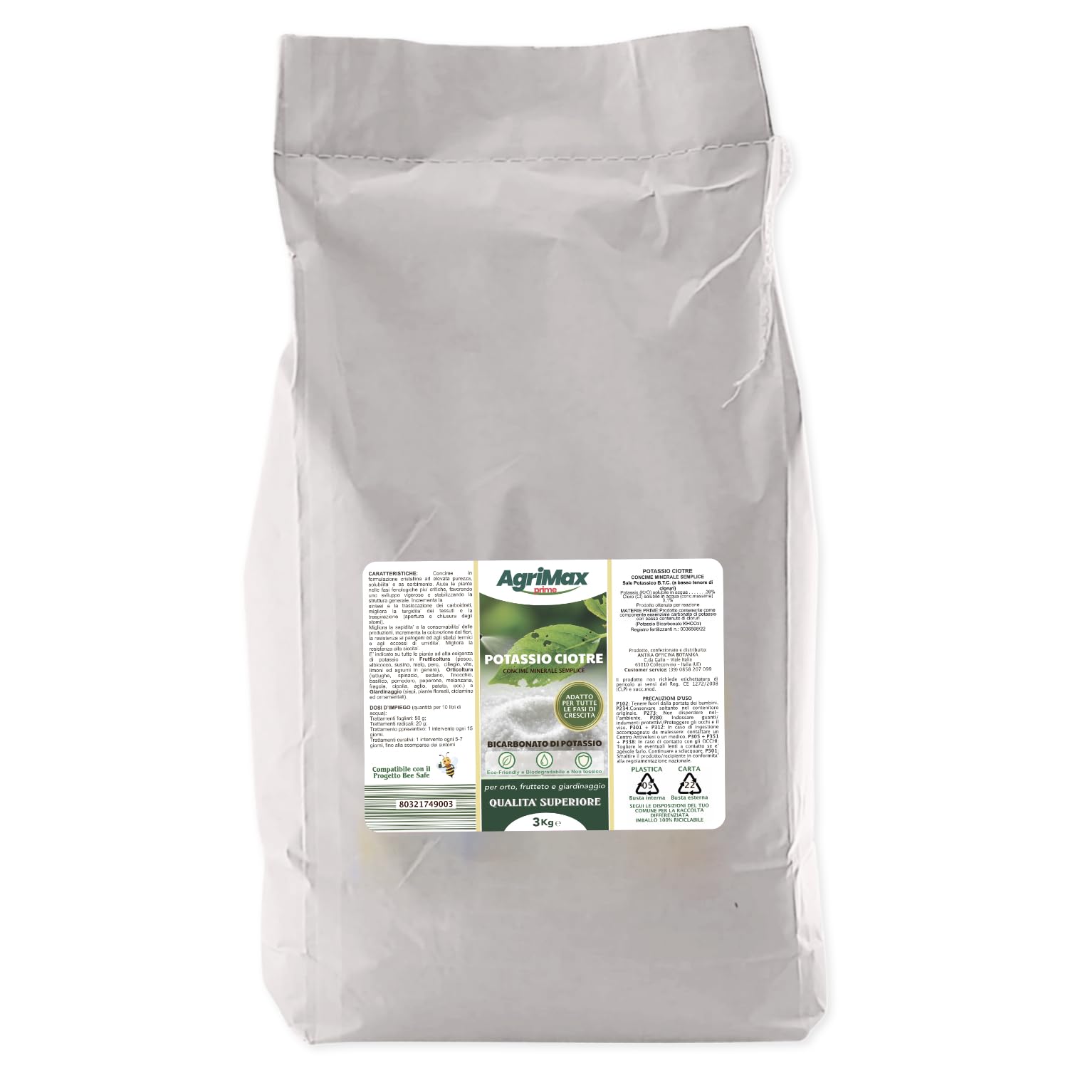 Bioki Bicarbonato di potassio per orto, Giardino e frutteto Busta da 3 kg, Gran Risparmio