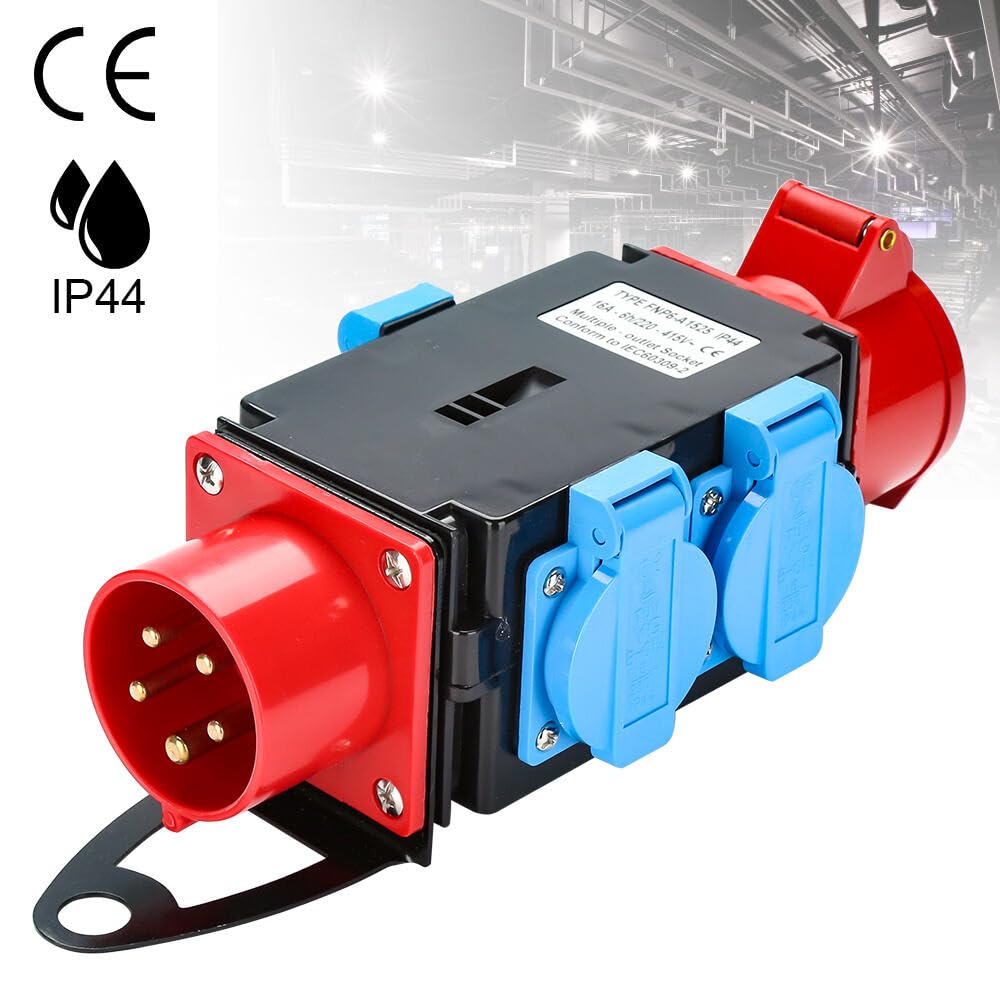 Wtyczka CEE, adapter rozdzielacz prądu 3 x Schuko CEE 5-biegunowe, gniazdo CEE IP44, ochrona przed wodą rozbryzgową, z pokrywą zabezpieczającą, gniazdo Cee na plac budowy